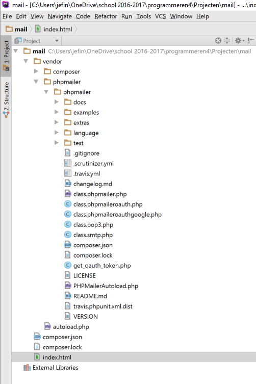 Composer PHPmailer Installed files and folders